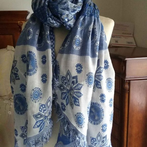 Blue Floral Large Scarf with fringe, 80"x16" - Picture 1 of 8